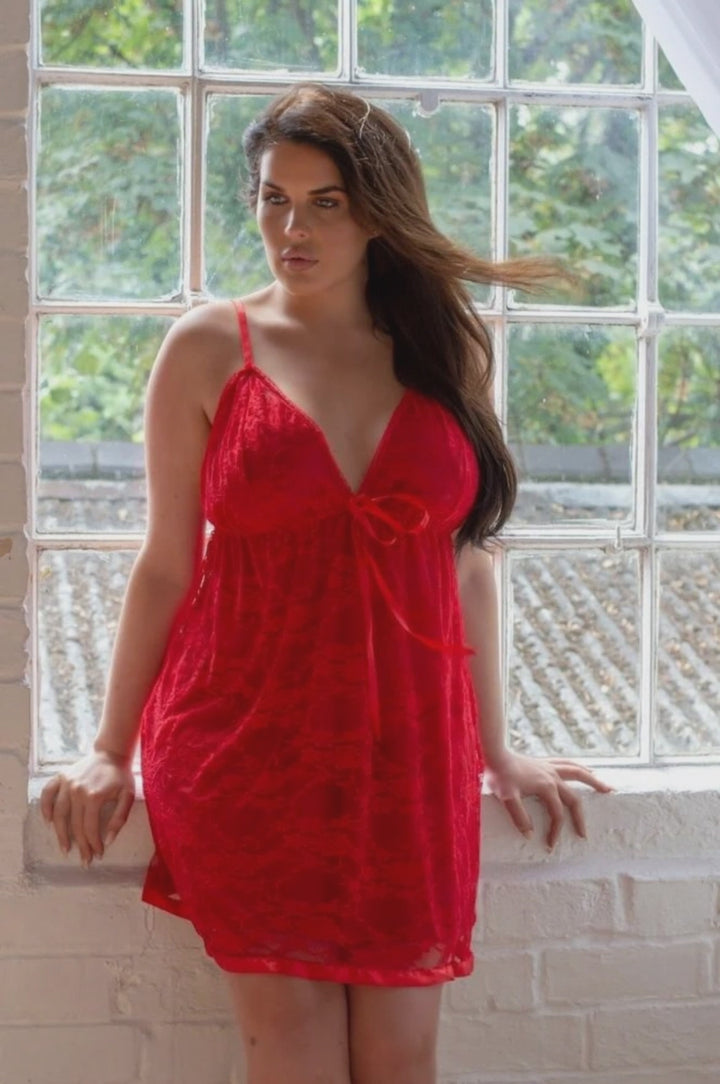 Amelia Red Double Layer Lace Babydoll with Lace Thong