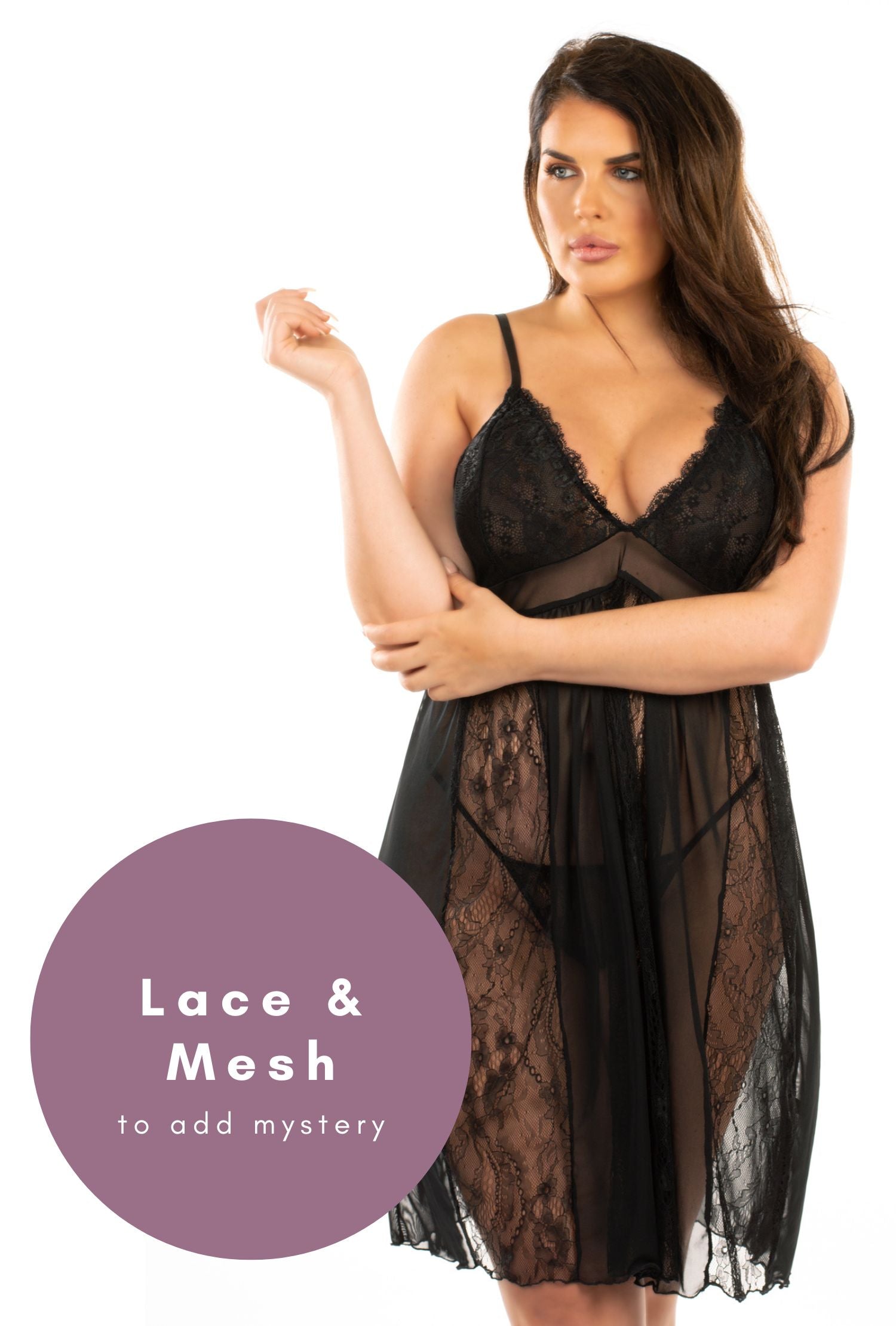 Isie Fab Black Lace & Mesh Nightwear with Matching Thong