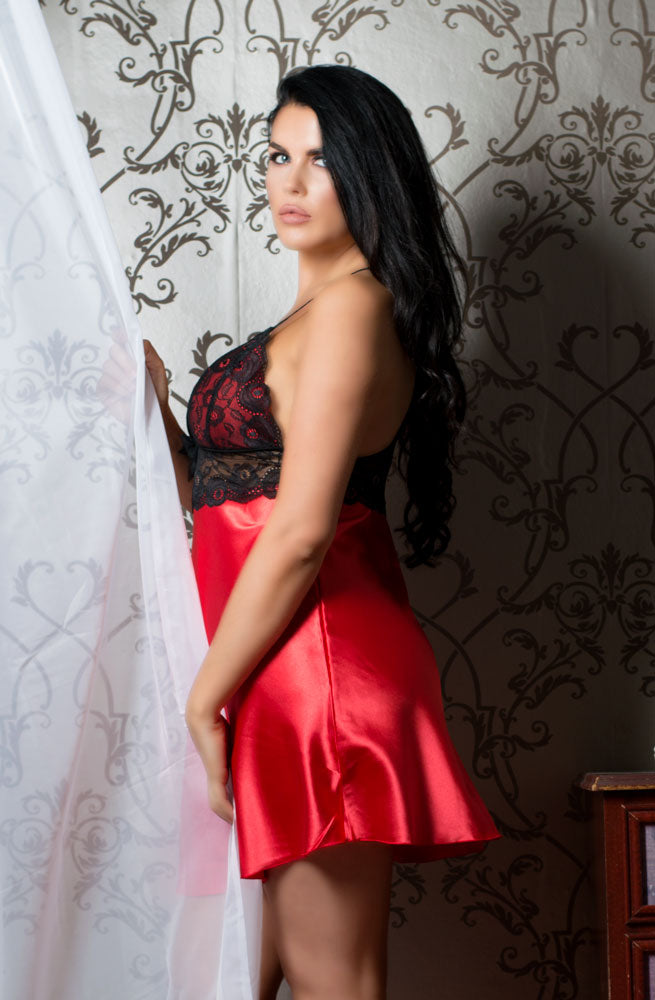 Red Satin and Black Lace Nightwear