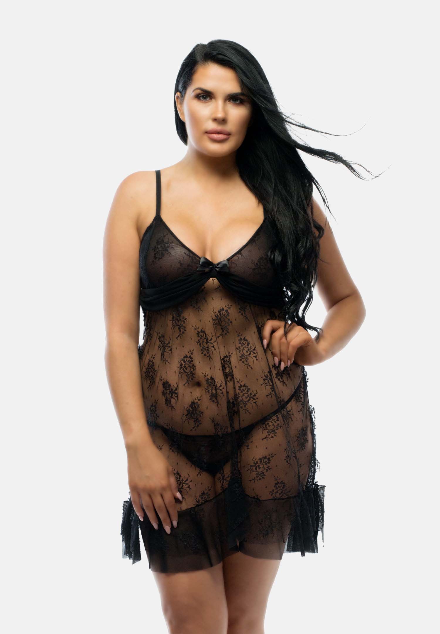 Rhea Plus Size Black Lace Babydoll with Ruffle