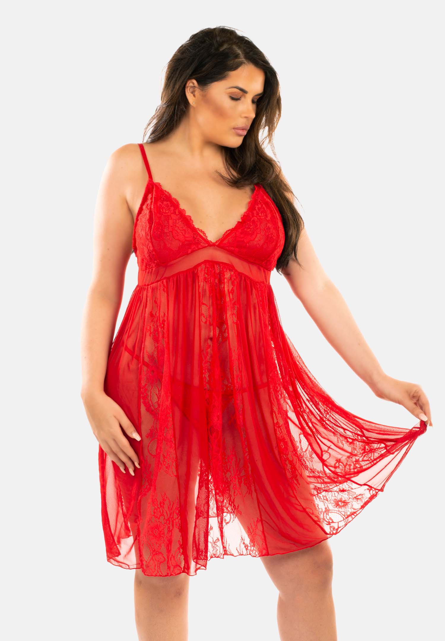 Isie Fab Red Lace & Mesh Nightwear with Matching Thong